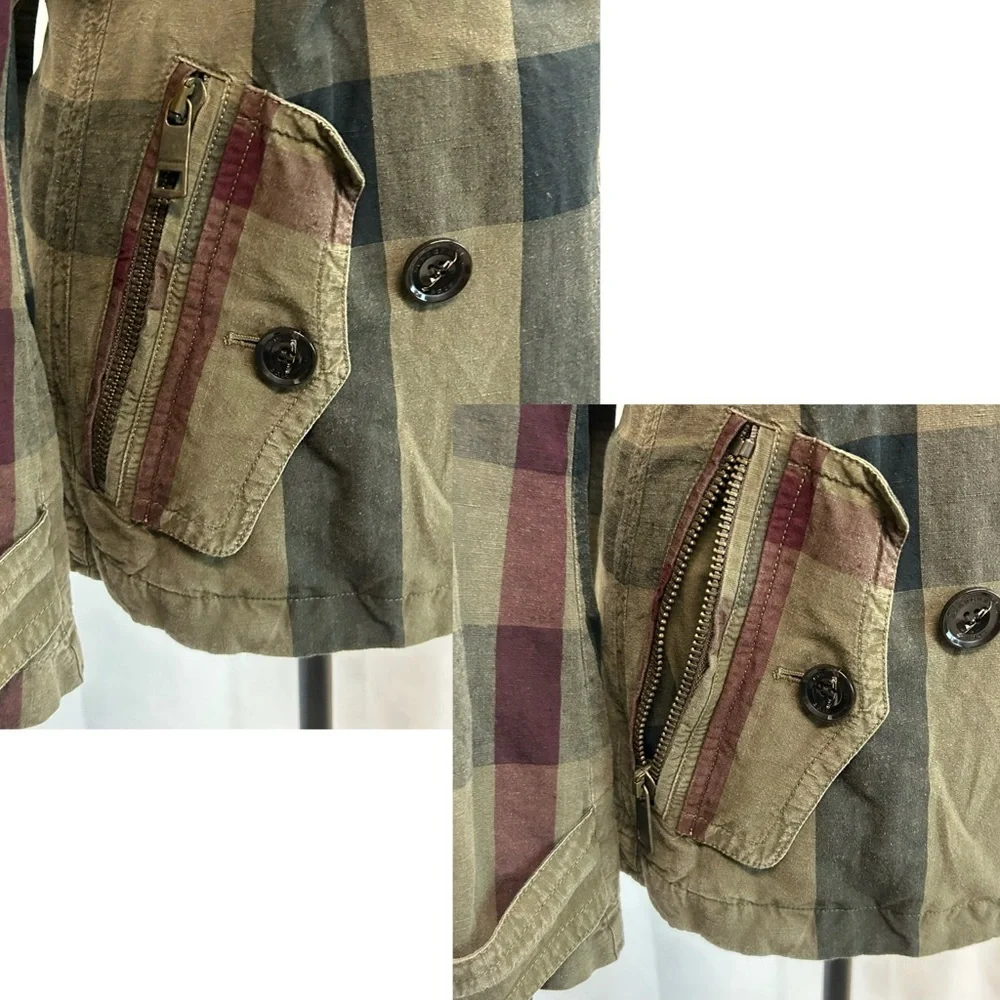 Burberry Brit Check Trench Coat Jacket double breasted Short Linen green belted - Picture 12 of 16